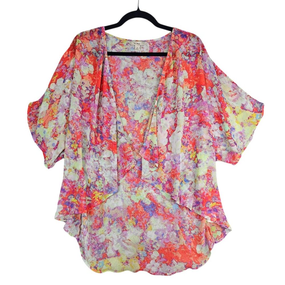 Decree Floral Sheer Kimono Cover Up Small Pink Purple Watercolor Boho Chiffon